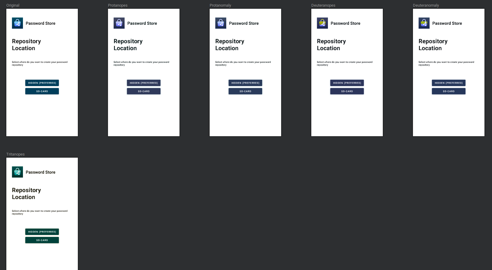Screens of Android Password Store with different color blind modes