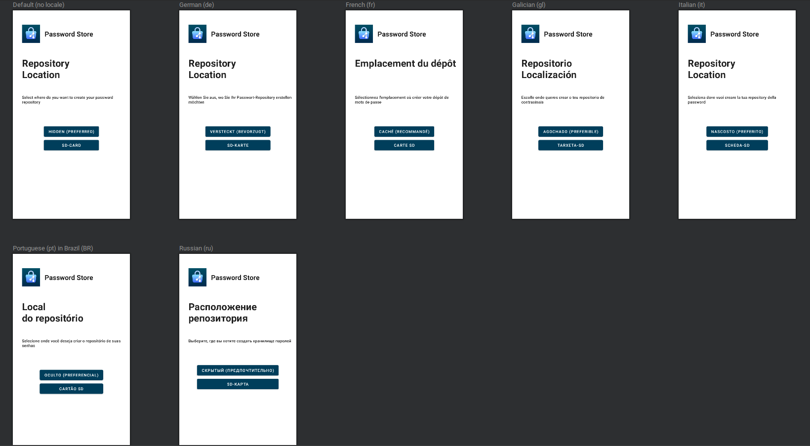 Screens of Android Password Store with different locales