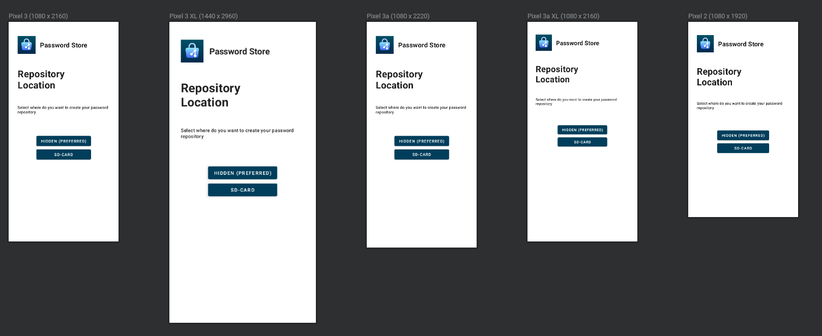 Screens of Android Password Store with different pixel presets