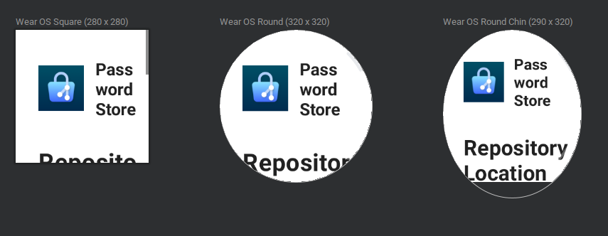 Screens of Android Password Store on different wear os presets